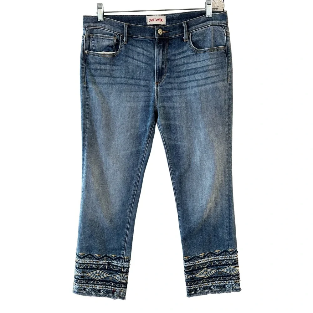 DRIFTWOOD Blue Cropped Jeans with Aztec Embroidered Cuffs